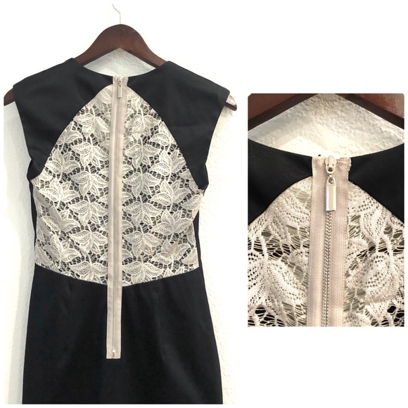 Black Halo Contrast Lace Inset Satin Sheath Dress - Picture 10 of 11